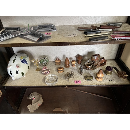 57 - shelf mixed paperweights / collectables / pig money box...