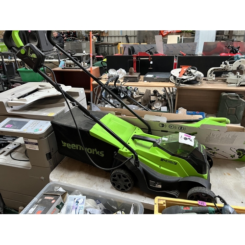 118 - Greenworks cordless mower , strimmer , blower , pole hedge cutter with charger / battery