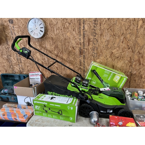 21 - Greenworks cordless mower , strimmer & blower with batteries & charger