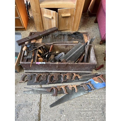 10 - vintage tool box plus contents , wood drill bits , saws planes etc..