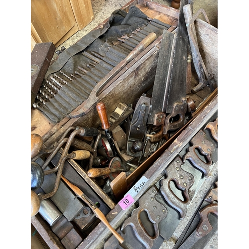 10 - vintage tool box plus contents , wood drill bits , saws planes etc..