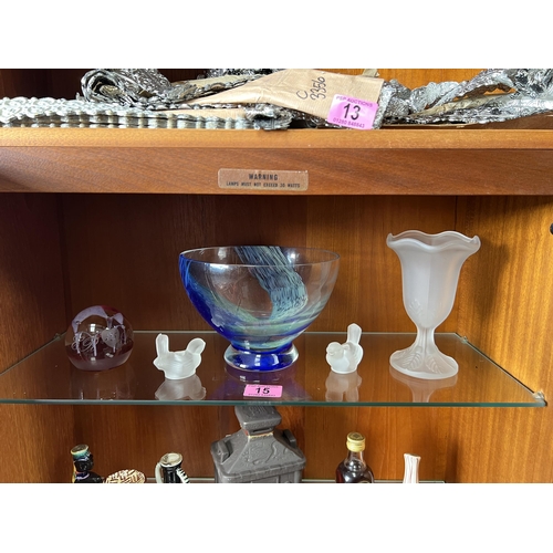 15 - art glass bowl , frosted glass vase & bird candle holders