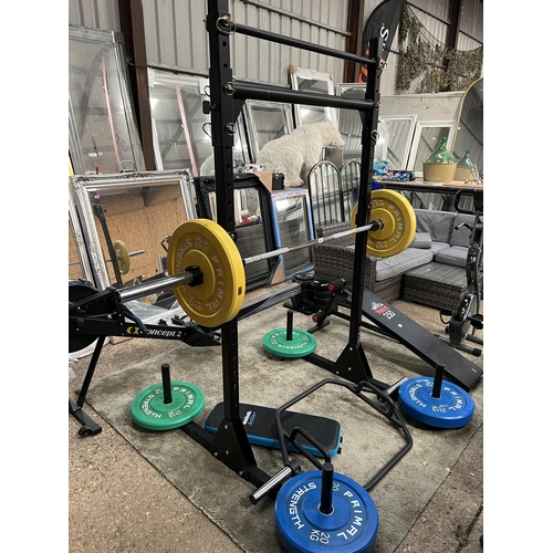 485 - PRIMAL STRENGTH upright weight bar stand plus weights bars etc..
2 x 10kg , 2 x 15Kg , 2 x 20kg