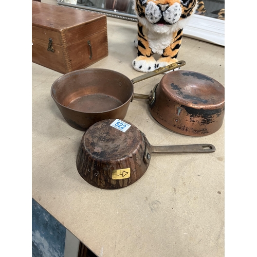 522 - 3 x vintage copper pans with brass handles