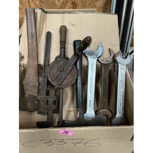 39 - box mixed tools , large spanners , axe etc..