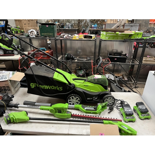 93 - Greenworks cordless set mower , hedge cutter / strimmer with battery / charger