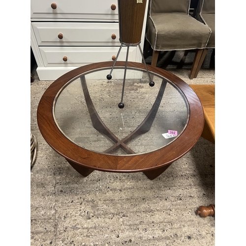 392 - G plan teak circular glass top coffee table