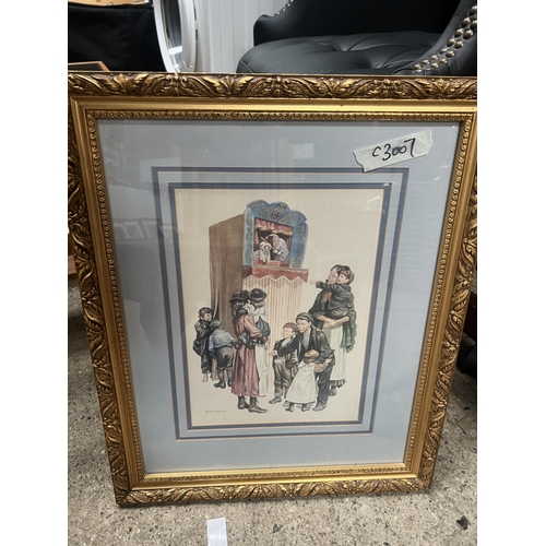 399 - gold frame picture , punch & Judy