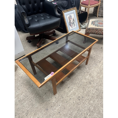 402 - mid century 2 tier , smoke glass top coffee table teak