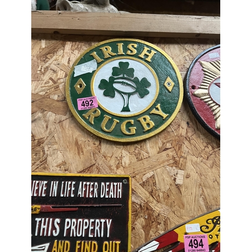 492 - cast iron wall plaque IRISH RUGBY