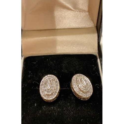 3 - 14ct gold & diamond stud earrimgs , 3 tier oval design , filigree mount multiple diamonds giving... 