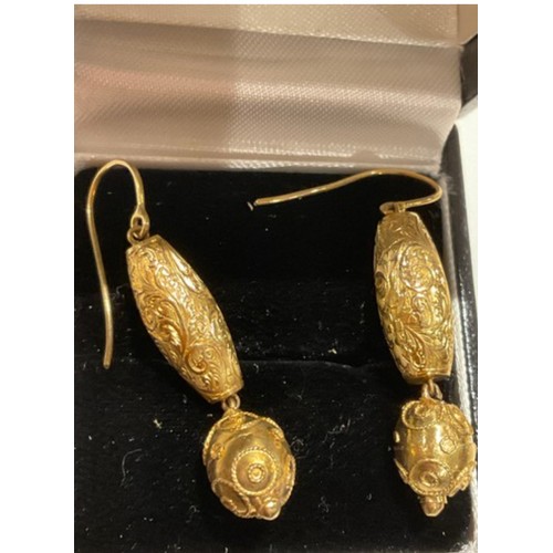 6 - gold drop earrings , oriental style 2 part embossed drop , 37.5mm drop , approx diameter 7.3mm , wei... 