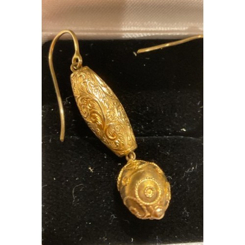 6 - gold drop earrings , oriental style 2 part embossed drop , 37.5mm drop , approx diameter 7.3mm , wei... 