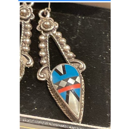 7 - Silver vintage Zuni Indian tribe drop earrings with gemstone inlay , 49.5mm drop x widest point 18.9... 