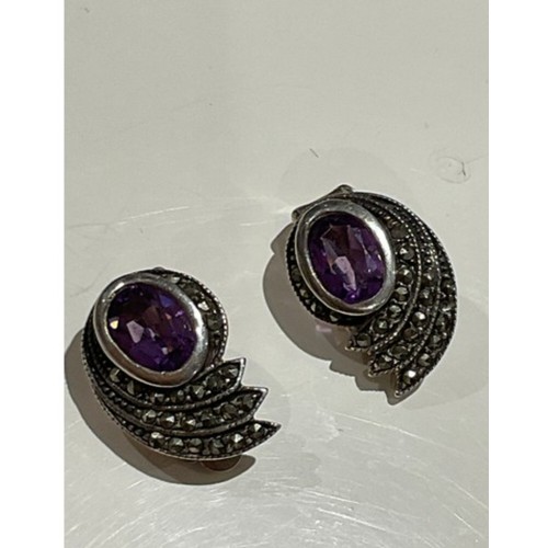 8 - Silver marcasite & amethyst clip earrings , vintage deco style with a oval shaped amethyst stone... 