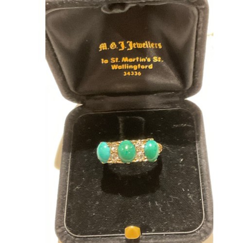 11 - 18ct gold ring with 4 Diamonds & 3 oval different shade turquoise green stones with a filigree m... 