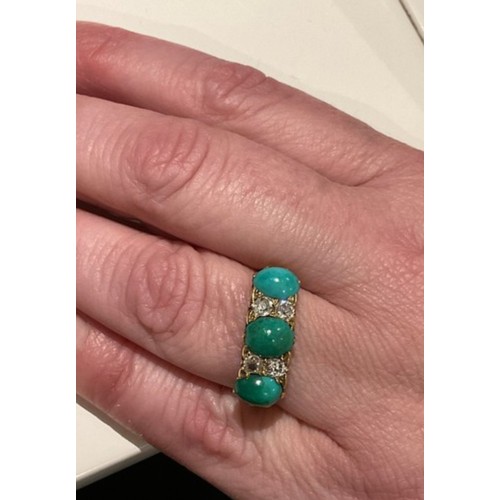 11 - 18ct gold ring with 4 Diamonds & 3 oval different shade turquoise green stones with a filigree m... 