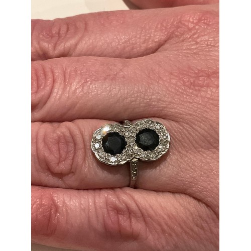 25 - Platinum diamond & sapphire cocktail ring , double halo / figure 8 , 2 circles of diamonds with ... 