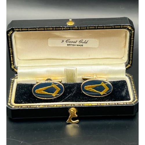 31 - 9ct gold , cufflinks with Masonic symbol square & compass , in original case . Full English hall... 