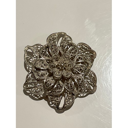 32 - silver vintage flower brooch , filigree flower brooch , European silver , no hallmarks , 54.7mm x 54... 