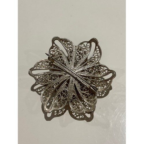 32 - silver vintage flower brooch , filigree flower brooch , European silver , no hallmarks , 54.7mm x 54... 