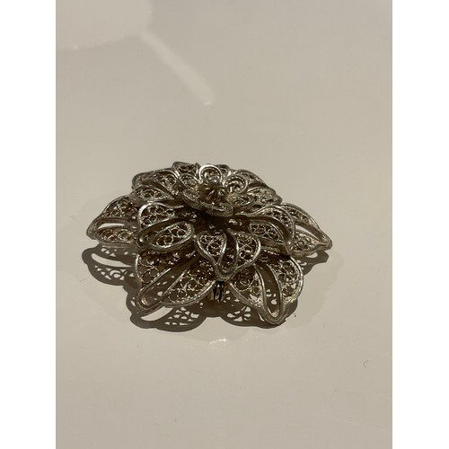 32 - silver vintage flower brooch , filigree flower brooch , European silver , no hallmarks , 54.7mm x 54... 