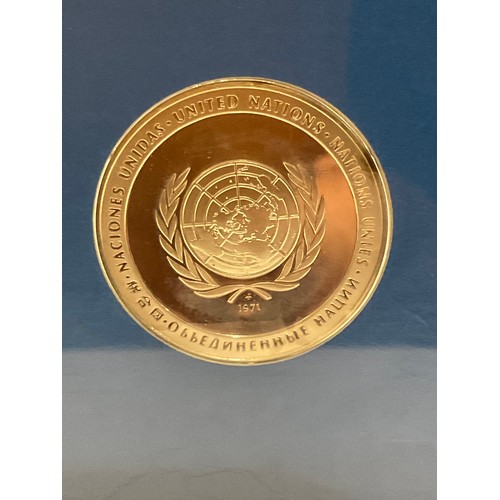 48 - Sterling silver proof UNITED NATIONS 1971 PEACE MEDAL in sealed case with display stand , with paper... 