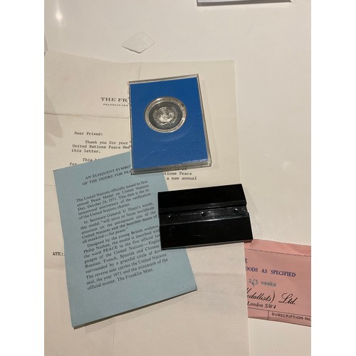 48 - Sterling silver proof UNITED NATIONS 1971 PEACE MEDAL in sealed case with display stand , with paper... 