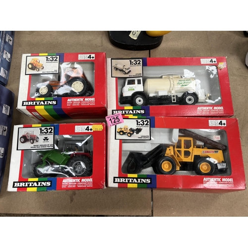 125 - 4 x boxed BRITAINS models 1:32 scale , 2 x tractors , construction vehicle & milk transporter