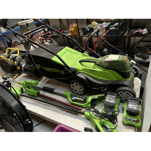 148 - Greenworks 48v cordless mower , strimmer & pole hedge cutter with batteries & chargers