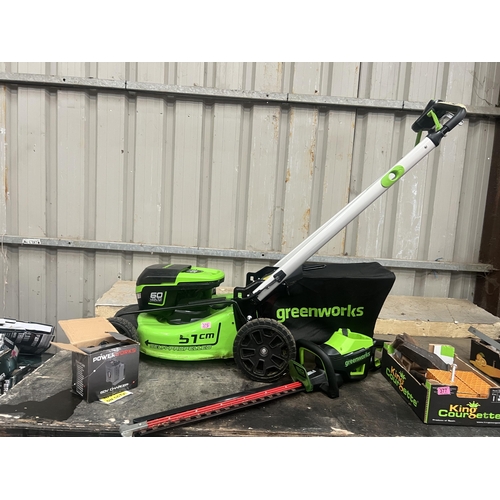 376 - 60v cordless Greenworks 57cm cut mower , hedge cutter with battery & charger