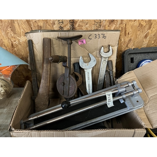 78 - box mixed tools , axe , large spanners etc..