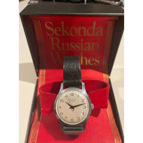 20 - vintage Sekonda wrist watch 17 jewels ,36mm dial, chrome case , black strap with original case