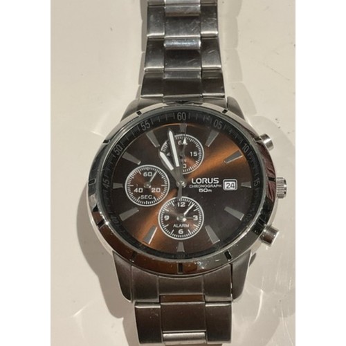 26 - Lorus Chronograph watch , stainless steel case , brown face , 42mm face