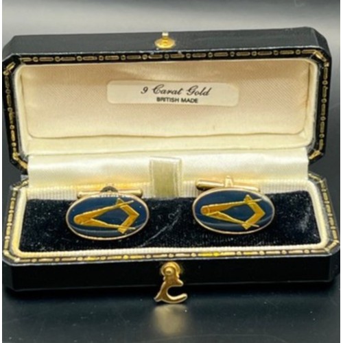 133 - 9ct gold , cufflinks with Masonic symbol square & compass , in original case . Full English hall... 