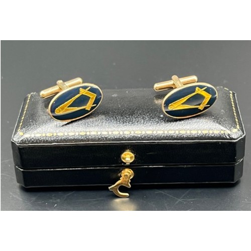 133 - 9ct gold , cufflinks with Masonic symbol square & compass , in original case . Full English hall... 