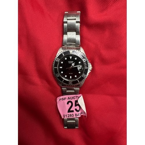 25 - Citizen Quartz WR100 watch , stainless steel steel,case black face ,