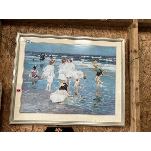 431 - framed vintage style children on beach 97cm x 78cm