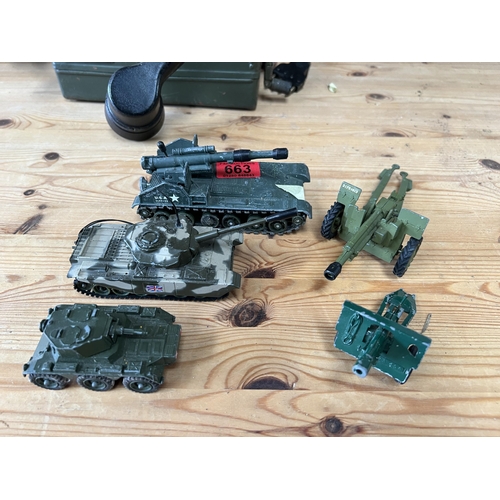 663 - 3 x Diecast Tanks & 2 x Diecast guns , Dinky , Corgi