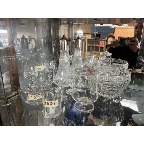 873 - Qty glass items includes claret jug with plated top