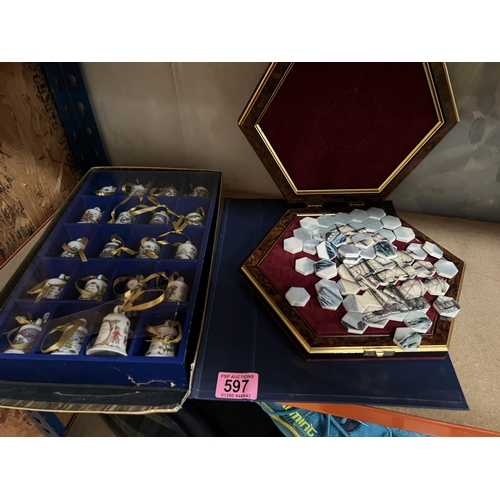 597 - tile puzzle & bell Christmas decorations