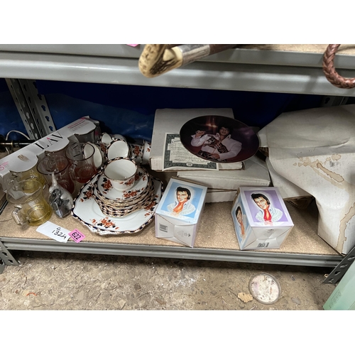 622 - shelf mixed China , cups / plates , plus collectors plates ELVIS