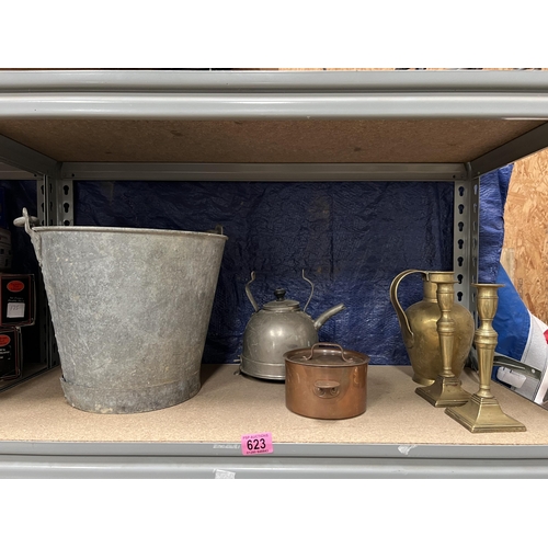 623 - Galvanised bucket plus brass candle sticks etc..