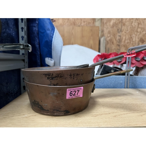 627 - 3 x heavy copper frying pans
