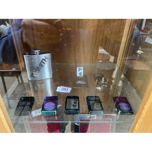 393 - 5 x new petrol lighters , hip flask & 2 x bottle openers