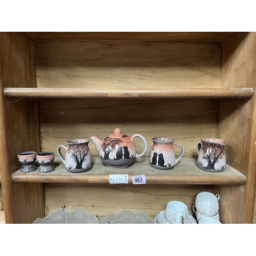 463 - glass cake stand , cups / saucers plus tea pot & cups decorated with cats