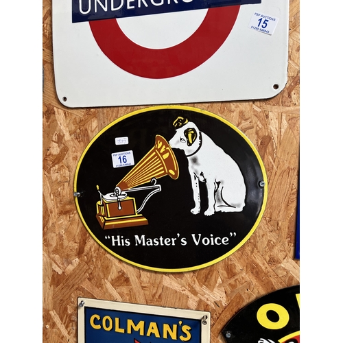 16 - vintage style enamel sign HMV h377