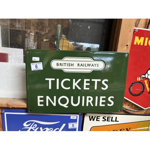 6 - vintage style enamel sign TICKETS ENQUIRES H380