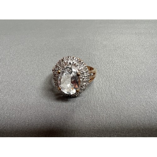 680 - Silver , gold overlay ring centre clear stone surrounded by diamonds size L