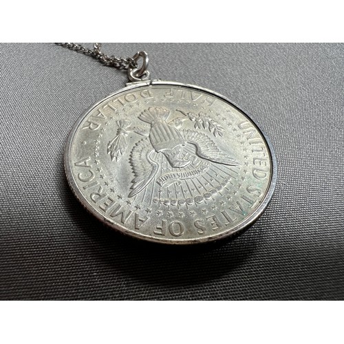 685 - Silver necklace chain with Half dollar coin pendant